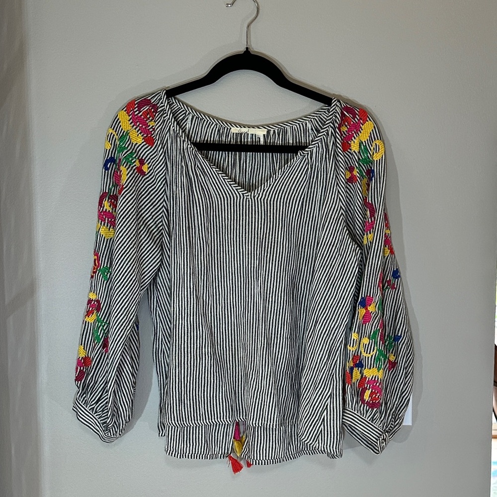 Anthro Floreat Soleil Embroidered Tassel Blouse